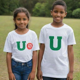 A young girl wearing a shirt emblazoned with the letter 'M', standing side by side with a boy wearing a shirt with the letter 'U'.