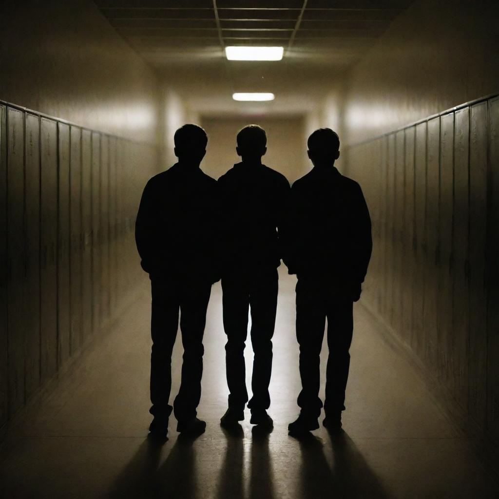 Two teenage boys standing in a dimly lit school corridor at night, their shadows elongating behind them. The hallway is filled with closed lockers, and a faint light from a distant window.