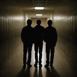 Two teenage boys standing in a dimly lit school corridor at night, their shadows elongating behind them. The hallway is filled with closed lockers, and a faint light from a distant window.