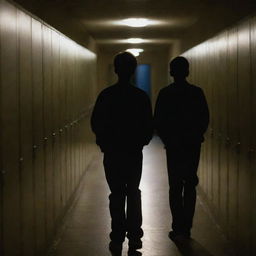 Two teenage boys standing in a dimly lit school corridor at night, their shadows elongating behind them. The hallway is filled with closed lockers, and a faint light from a distant window.