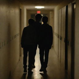 Two teenage boys standing in a dimly lit school corridor at night, their shadows elongating behind them. The hallway is filled with closed lockers, and a faint light from a distant window.