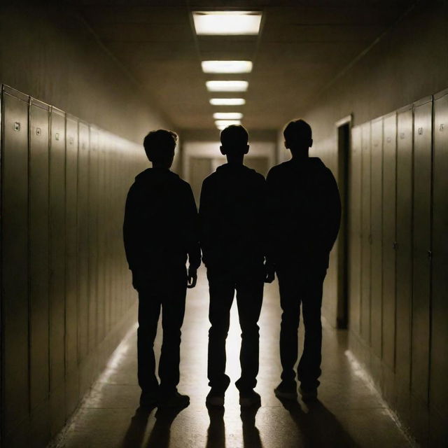 Two teenage boys standing in a dimly lit school corridor at night, their shadows elongating behind them. The hallway is filled with closed lockers, and a faint light from a distant window.