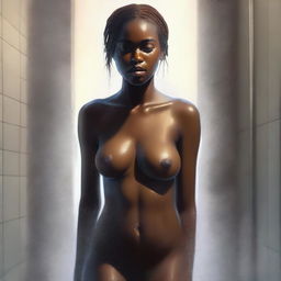 A high-quality, hyper-realistic digital painting of an 18-year-old dark-skinned woman in a shower scene