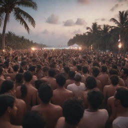 Crowd enjoying a music festival at a tropical beach in Maldives with realistic details and cinematic lighting. Capture the atmosphere, skin textures, and expressions in ultra-high quality.