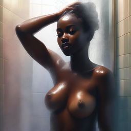 A high-quality, hyper-realistic digital painting of an 18-year-old dark-skinned woman in a shower scene