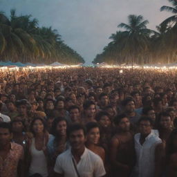 Crowd enjoying a music festival at a tropical beach in Maldives with realistic details and cinematic lighting. Capture the atmosphere, skin textures, and expressions in ultra-high quality.