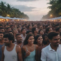 Crowd enjoying a music festival at a tropical beach in Maldives with realistic details and cinematic lighting. Capture the atmosphere, skin textures, and expressions in ultra-high quality.