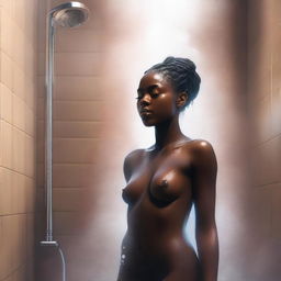 A hyper-realistic digital painting depicts a full-body view of an 18-year-old dark-skinned woman in a steamy shower scene