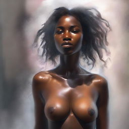 A hyper-realistic digital painting depicts a full-body view of an 18-year-old dark-skinned woman in a steamy shower scene