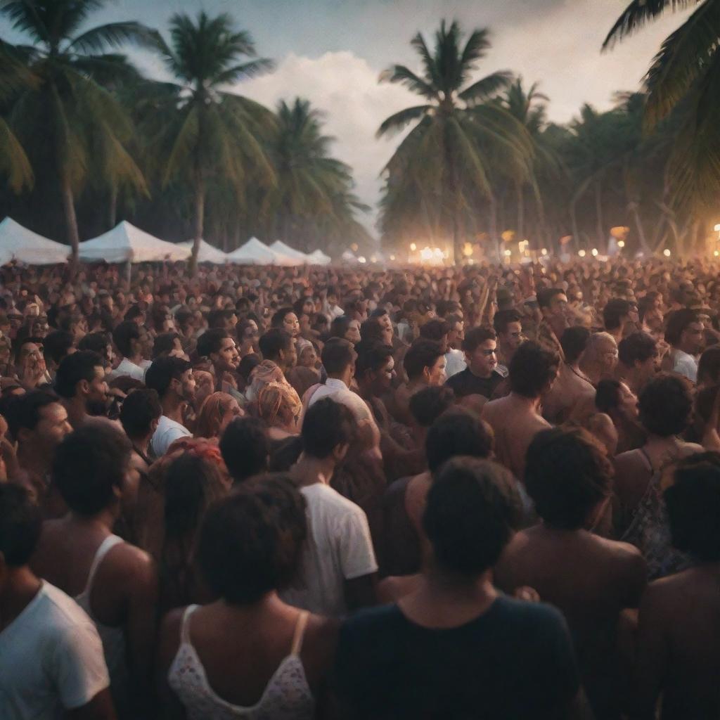 Crowd enjoying a music festival at a tropical beach in Maldives with realistic details and cinematic lighting. Capture the atmosphere, skin textures, and expressions in ultra-high quality.