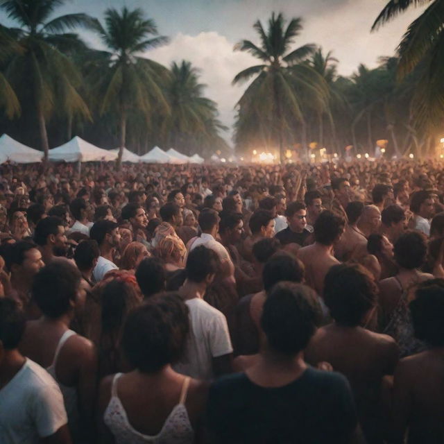 Crowd enjoying a music festival at a tropical beach in Maldives with realistic details and cinematic lighting. Capture the atmosphere, skin textures, and expressions in ultra-high quality.