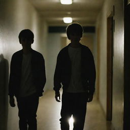 Two teenage boys standing in a school corridor dimly illuminated by nocturnal light, creating an atmosphere of mystery and adolescence.