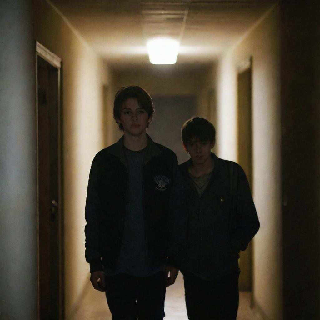 Two teenage boys standing in a school corridor dimly illuminated by nocturnal light, creating an atmosphere of mystery and adolescence.