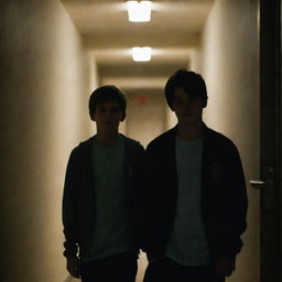 Two teenage boys standing in a school corridor dimly illuminated by nocturnal light, creating an atmosphere of mystery and adolescence.