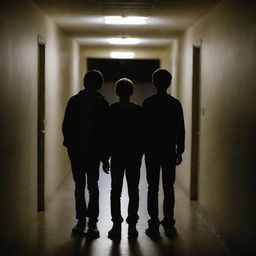 Two teenage boys standing in a school corridor dimly illuminated by nocturnal light, creating an atmosphere of mystery and adolescence.