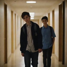 Two teenage boys in a school corridor at night, one walking forward with his gaze lowered, the other walking backwards, glancing slightly behind him.