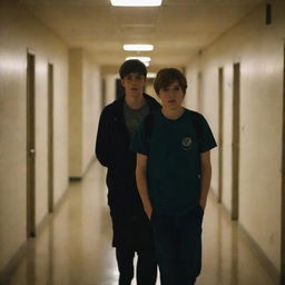 Two teenage boys in a school corridor at night, one walking forward with his gaze lowered, the other walking backwards, glancing slightly behind him.