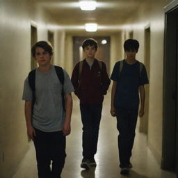 Two teenage boys in a school corridor at night, one walking forward with his gaze lowered, the other walking backwards, glancing slightly behind him.