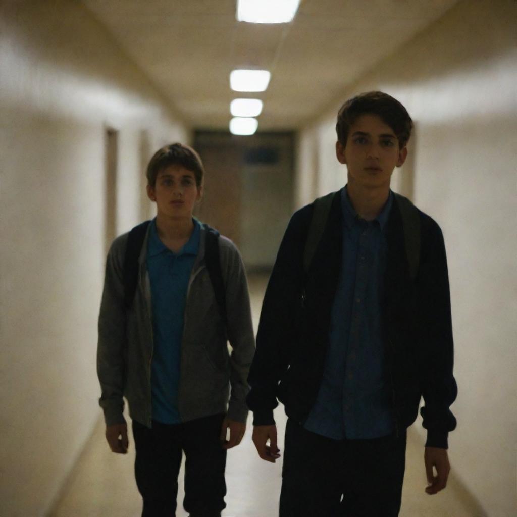 Two teenage boys in a school corridor at night, one walking forward with his gaze lowered, the other walking backwards, glancing slightly behind him.