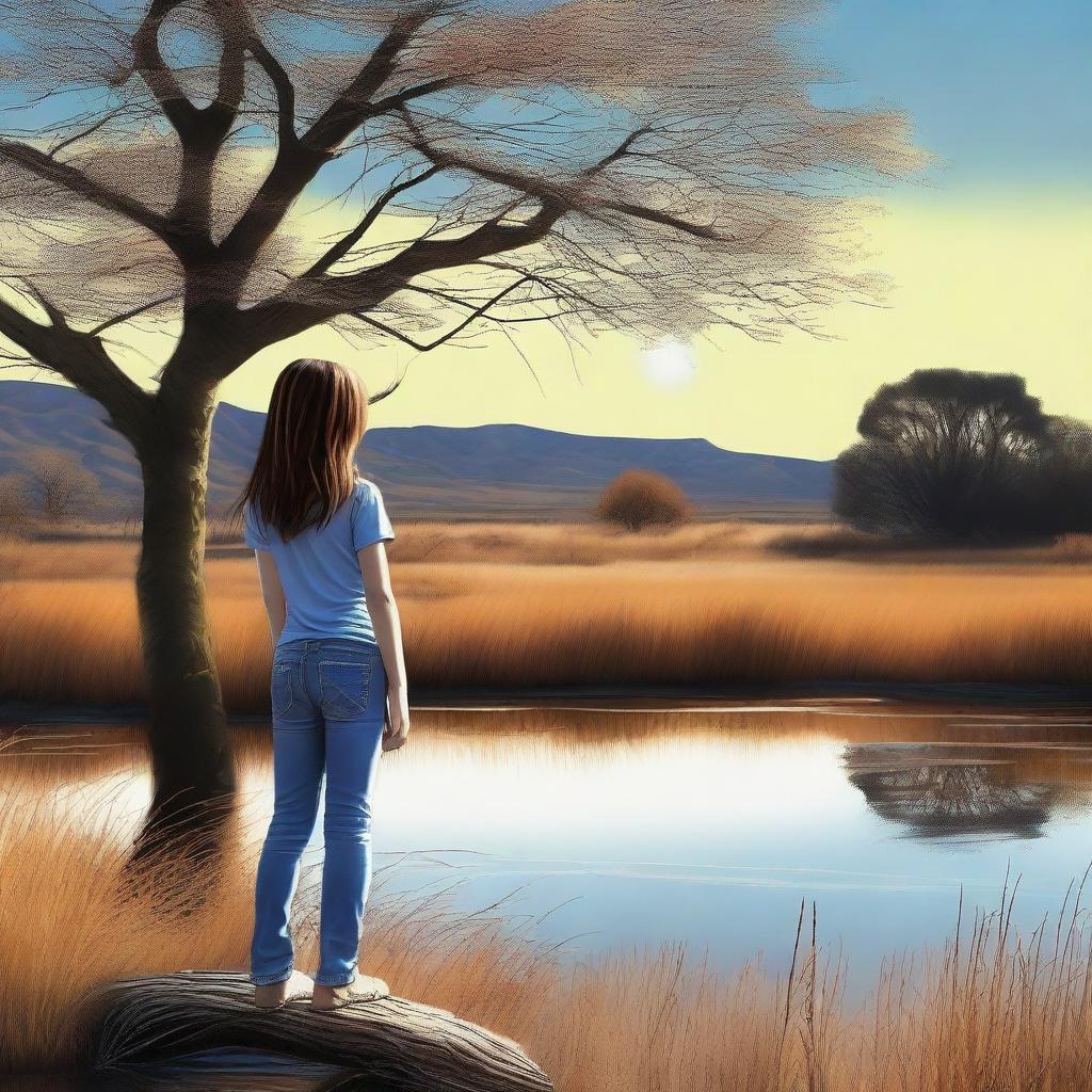 An exquisite digital art image showcasing a leafless tree in the foreground, a serene creek flowing in the background, and the vast expanse of prairie grass