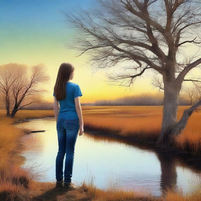 An exquisite digital art image showcasing a leafless tree in the foreground, a serene creek flowing in the background, and the vast expanse of prairie grass