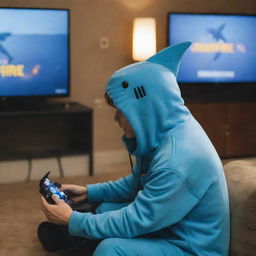 A person in a whimsical shark costume engrossed in playing the video game Free Fire.