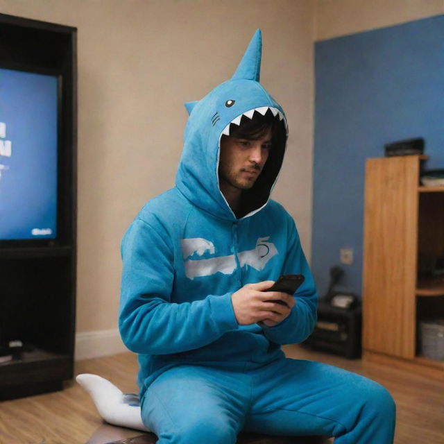 A person in a whimsical shark costume engrossed in playing the video game Free Fire.