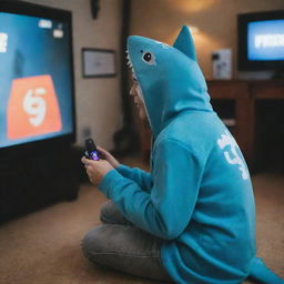 A person in a whimsical shark costume engrossed in playing the video game Free Fire.