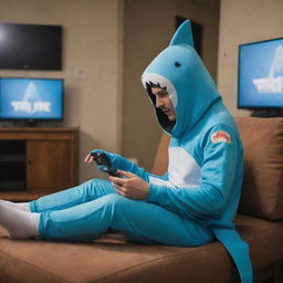 A person in a whimsical shark costume engrossed in playing the video game Free Fire.