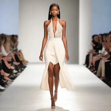 The fashion model flawlessly emoted confidence and elegance on the runway.