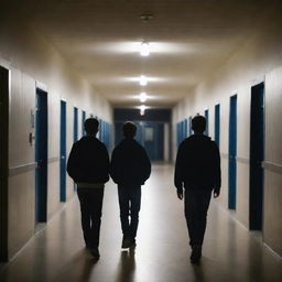 Two teenage boys walking in opposite directions in a school corridor at night, under gentle illumination from overhead lights