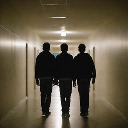 Two teenage boys walking in opposite directions in a school corridor at night, under gentle illumination from overhead lights