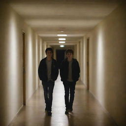 Two teenage boys walking in opposite directions in a school corridor at night, under gentle illumination from overhead lights