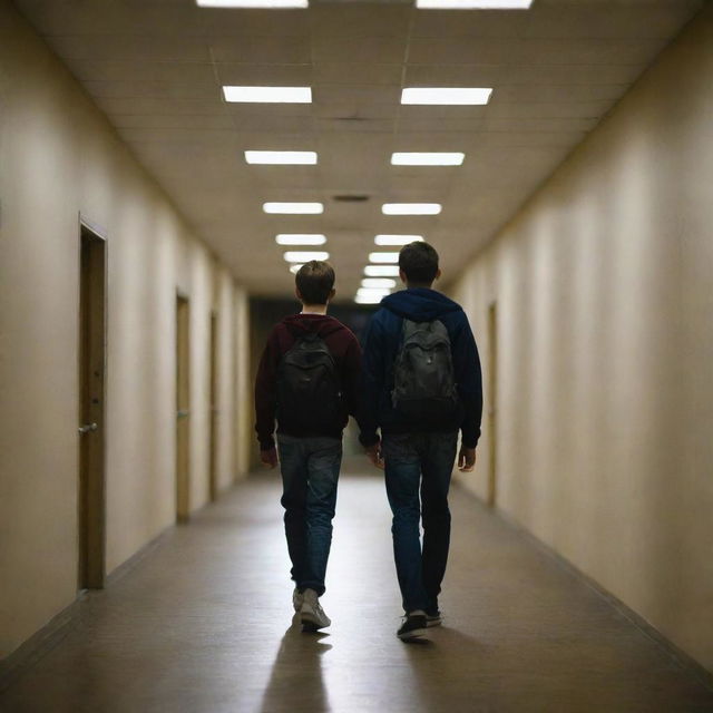 Two teenage boys walking in opposite directions in a school corridor at night, under gentle illumination from overhead lights