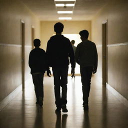 A teenage boy walking toward the front and another teenage boy walking in the opposite direction in a dimly lit school corridor.