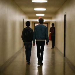 A teenage boy walking toward the front and another teenage boy walking in the opposite direction in a dimly lit school corridor.