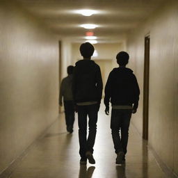 A teenage boy walking toward the front and another teenage boy walking in the opposite direction in a dimly lit school corridor.