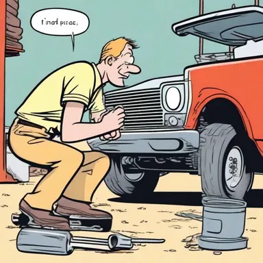 In the comic strip, the mechanic character struggled to fix the choke of the car engine.