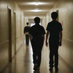 A teenage boy walking toward the front and another teenage boy walking in the opposite direction in a dimly lit school corridor.