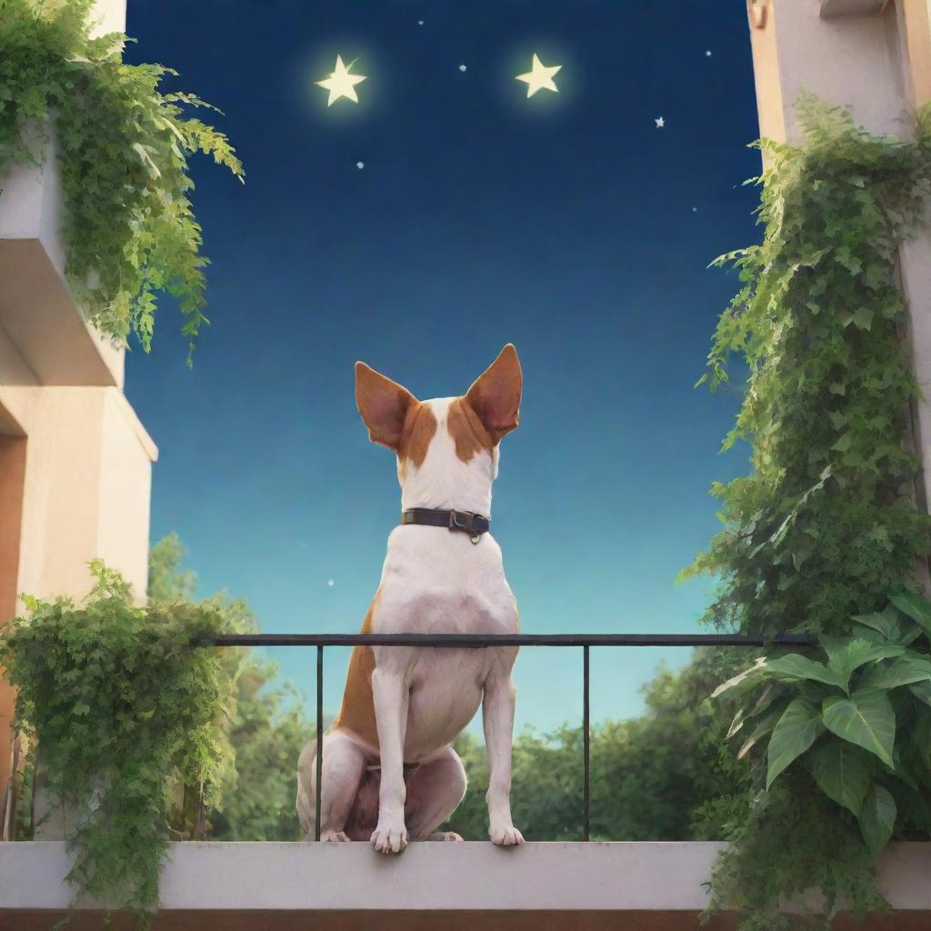 A 2D cartoon-style dog, shaped like a star, standing on a balcony overflowing with lush green plants, gazing up at the luminously bright sky