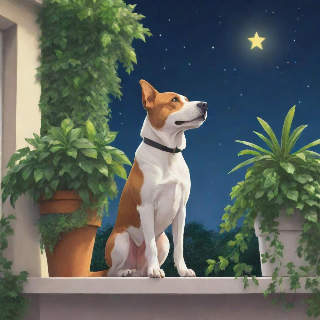 A 2D cartoon-style dog, shaped like a star, standing on a balcony overflowing with lush green plants, gazing up at the luminously bright sky