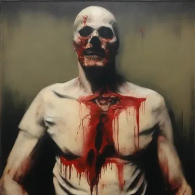 The artist created a macabre painting depicting a serial killer choking his victims.