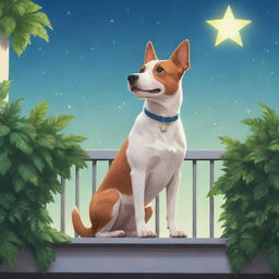 A 2D cartoon-style dog, shaped like a star, standing on a balcony overflowing with lush green plants, gazing up at the luminously bright sky