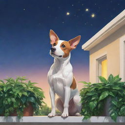 A 2D cartoon-style dog, shaped like a star, standing on a balcony overflowing with lush green plants, gazing up at the luminously bright sky