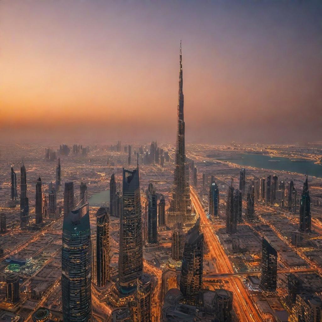 A panoramic view of Dubai at sunset, with the Burj Khalifa towering majestically against a vibrant orange sky, the Persian Gulf reflecting the city lights, and bustling, modern cityscape in the foreground.