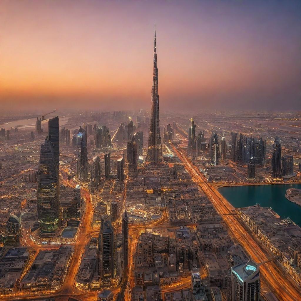 A panoramic view of Dubai at sunset, with the Burj Khalifa towering majestically against a vibrant orange sky, the Persian Gulf reflecting the city lights, and bustling, modern cityscape in the foreground.