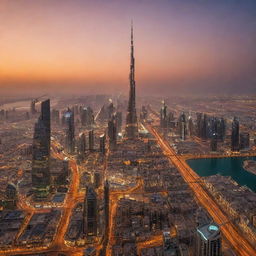 A panoramic view of Dubai at sunset, with the Burj Khalifa towering majestically against a vibrant orange sky, the Persian Gulf reflecting the city lights, and bustling, modern cityscape in the foreground.