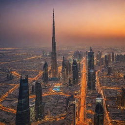 A panoramic view of Dubai at sunset, with the Burj Khalifa towering majestically against a vibrant orange sky, the Persian Gulf reflecting the city lights, and bustling, modern cityscape in the foreground.