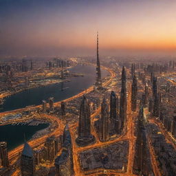 A panoramic view of Dubai at sunset, with the Burj Khalifa towering majestically against a vibrant orange sky, the Persian Gulf reflecting the city lights, and bustling, modern cityscape in the foreground.