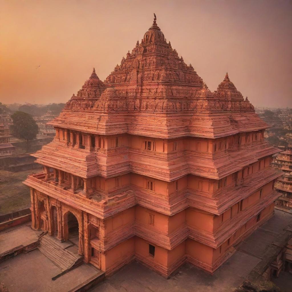 Beautifully intricate Ram Mandir of Ayodhya at sunset, with its majestic architecture gleaming under the orange hues.